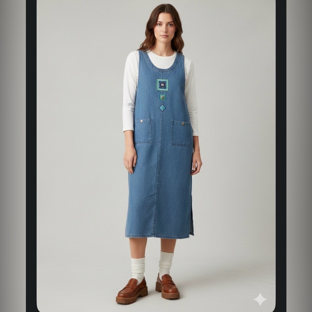 Vintage Bentley - M, Denim Sleeveless romper dress, with‎ Embroidered Patches